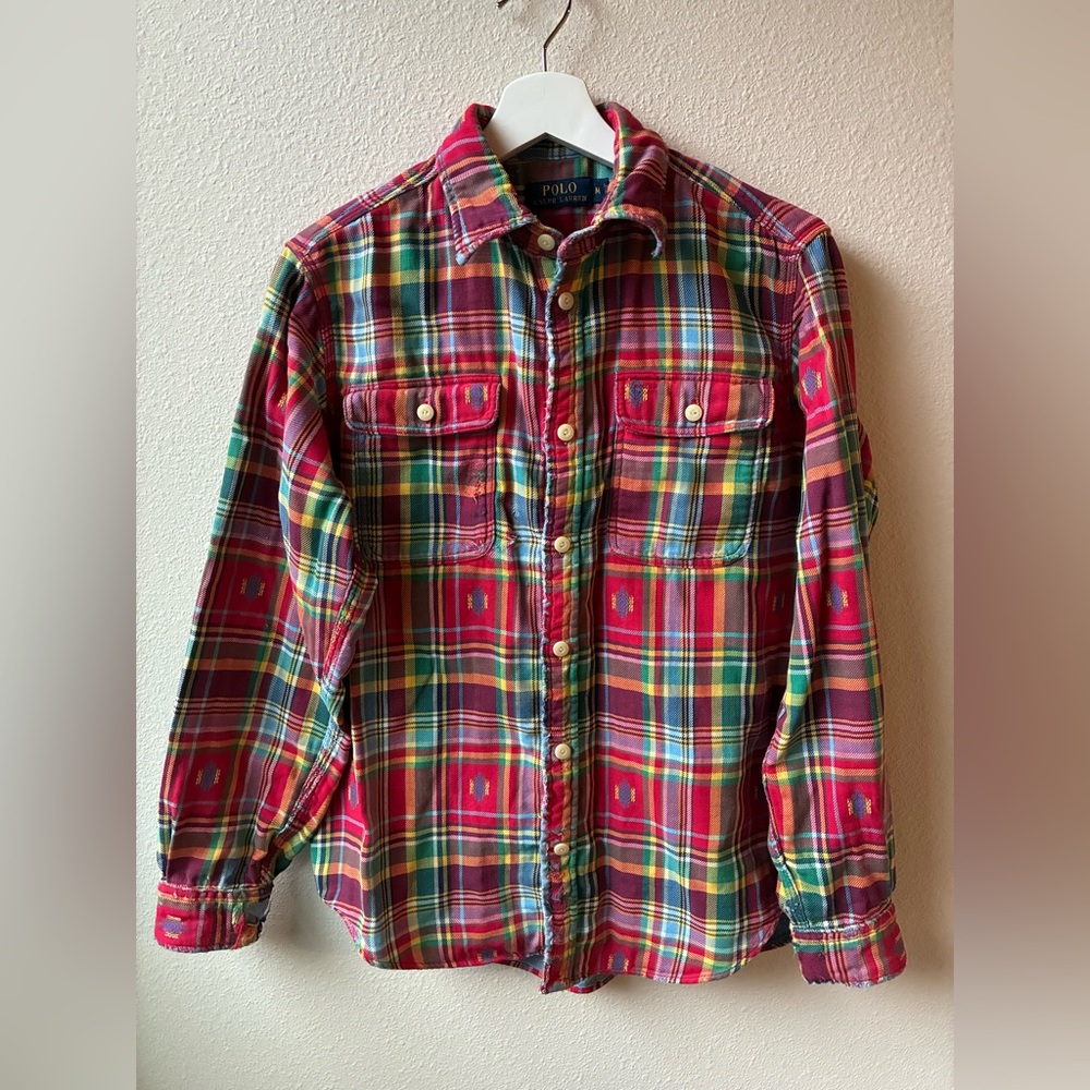 Y2K Polo Ralph Lauren Red Distressed Plaid Flannel Button-Up Shirt (Size:S)